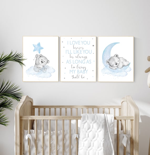 Nursery decor bear, nursery decor boy, bear nursery print, teddy bear decor, nursery wall art animals, boy nursery wall decor, blue nursery