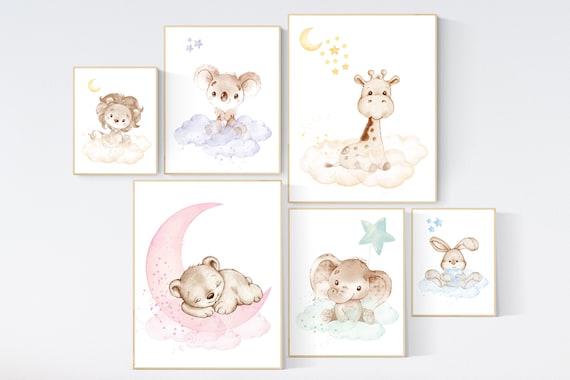 Nursery decor gender neutral, Nursery wall art animals, pastel colors, bunny nursery, bear nursery, elephant nursery, giraffe nursery