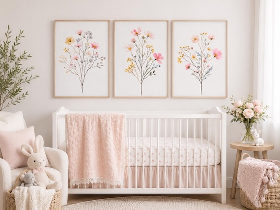 Wildflower Nursery Wall Art Set of 3, Pink Floral Baby Girl Room Decor