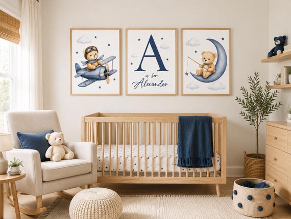 Personalized Navy Teddy Bear Nursery Wall Art Set, Baby Boy Airplane Prints