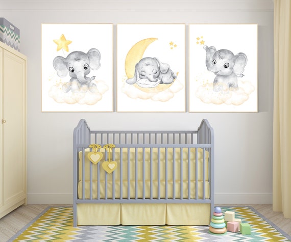 Nursery decor neutral, Yellow nursery, nursery wall art elephant, moon, stars, gender neutral, yellow and gray nursery art, baby room art