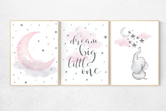 Nursery decor girl pink and gray, nursery decor girl pink, Elephant nursery, pink nursery, dream big little one, cloud nursery. pink nursery