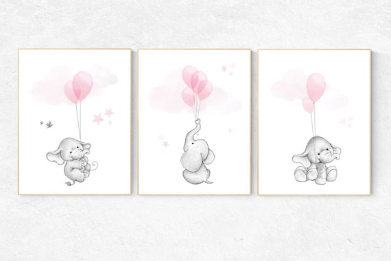 Nursery decor girl, elephant balloon print,  elephant artwork, elephant wall art, baby girl nursery wall art, Elephant Nursery Prints