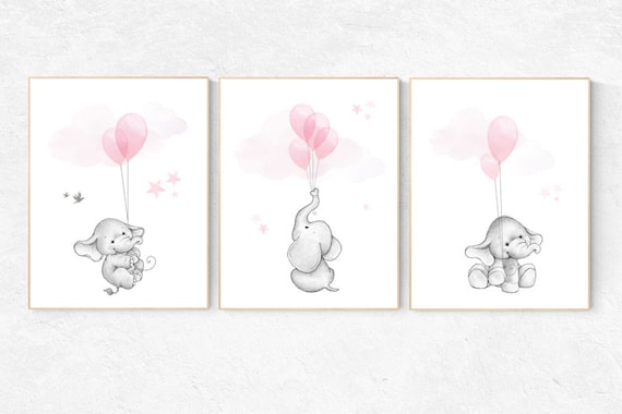 Nursery wall art girl, Nursery decor girl pink and gray, nursery wall art elephant, elephant nursery, nursery wall art animals, woodland.