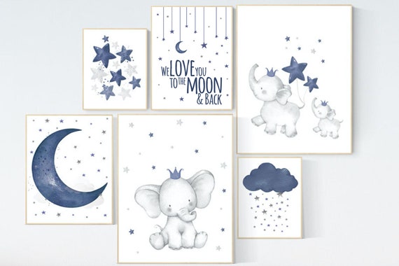 Nursery decor boy elephant, nursery wall art boy, navy Blue, moon and stars, navy nursery, boy nursery decor, elephant nursery art, star