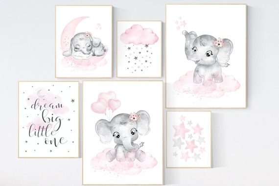 Nursery decor girl elephant, pink grey, nursery decor girl pink, flower nursery, nursery prints girl, nursery girl decor ideas, elephants