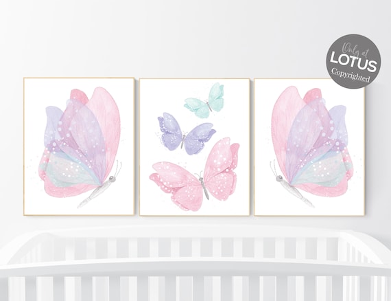 Butterfly nursery decor, pastel nursery decor, girl room decor, girl nursery, butterfly prints, pink nursery, purple nursery, teal nursery