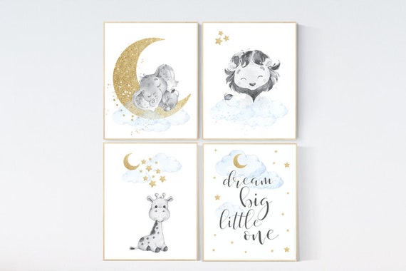 Nursery decor boy elephant, giraffe, lion, blue and gold nursery, dream big little one, blue nursery wall art, cloud and stars, animals