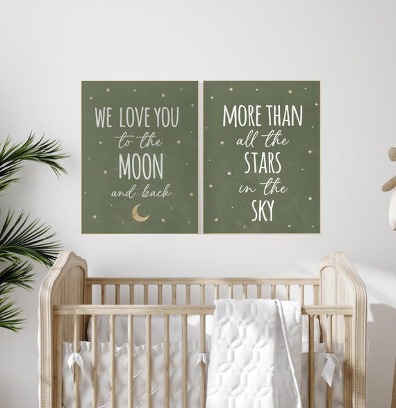 Nursery decor sage gold, we love you to the moon and back, Nursery wall art,  green nursery decor, moon and stars, nursery prints