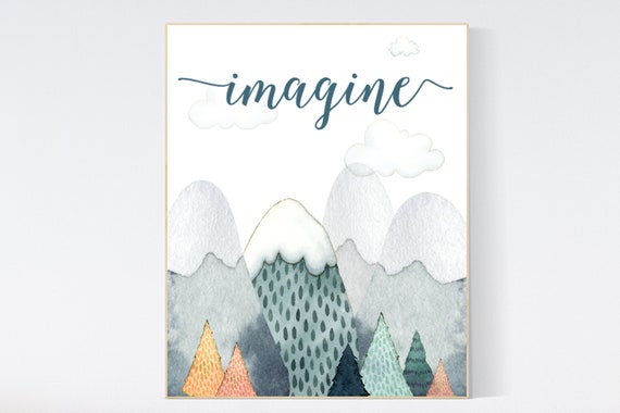 Nursery decor boy mountain, adventure nursery, travel theme nursery, woodland, gender neutral, imagine, hot air balloon, plane, neutral