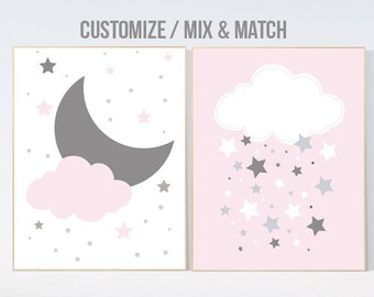 Pink Cloud Nursery Art, Moon & Stars Print, Set of 2
