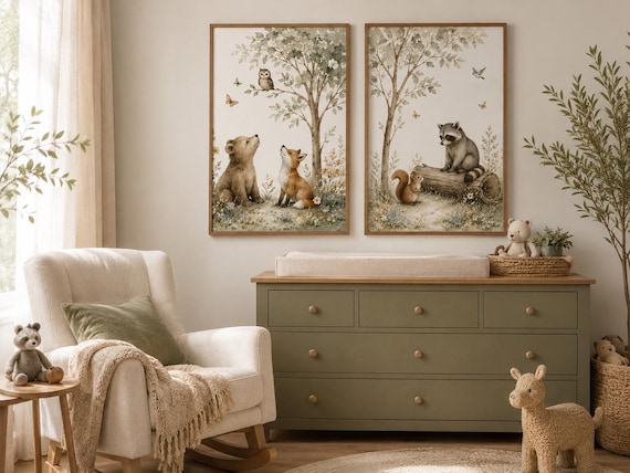 Woodland Nursery Wall Art Set of 2, Forest Animal Prints, Bear Fox Raccoon Owl