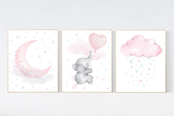 Nursery decor elephant, pink mint nursery decor, pink teal nursery, mint green, pink and mint nursery wall art, moon, cloud, stars