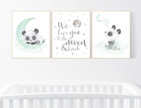 Panda nursery, mint nursery decor, gender neutral prints, mint nursery wall art, panda prints, animal nursery wall art, neutral nursery