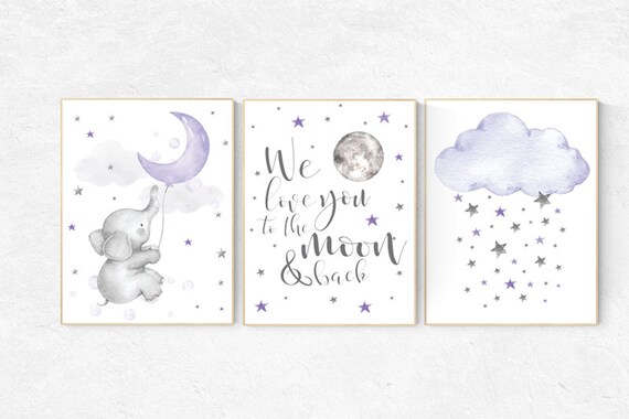 Nursery decor girl lavender and gray, Nursery decor girl purple, elephant nursery, lilac nursery, we love you to the moon and back, purple