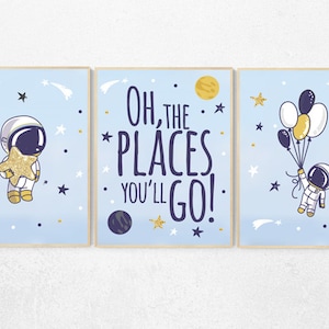 Nursery decor boy space, oh the places you&#39;ll go, blue nursery wall art, astronaut nursery print, nursery decor blue, blue gold, balloon