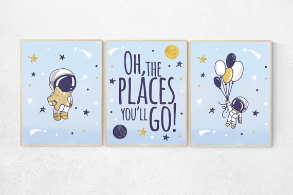 Nursery decor boy space, oh the places you'll go, blue nursery wall art, astronaut nursery print, nursery decor blue, blue gold, balloon