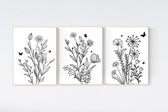 Boho Nursery wall art, Wildflower Nursery Decor, Floral Nursery, Girl Nursery Decor, vintage flower nursery, Botanical Print, black white