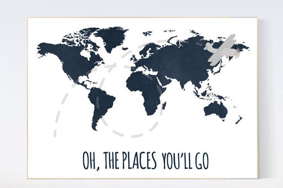 Navy nursery, Oh the places you'll go, world map wall art kids, navy blue, nursery decor boys, world map nursery, navy nursery, navy gray