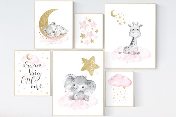 Nursery wall art girl, giraffe nursery, baby room decor girl gold and pink, dream big little one, moon and stars, elephant nursery