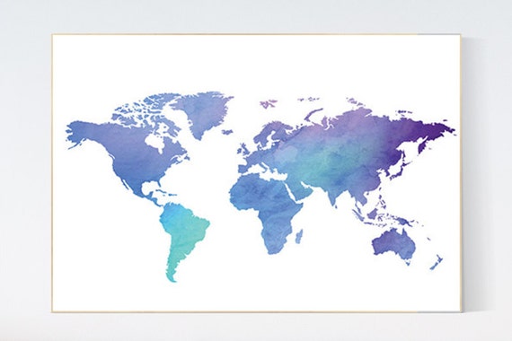 Pastel World Map print, nursery wall art, baby's nursery room decor, toddler room, purple teal blue mint color, kid room decor pastel map