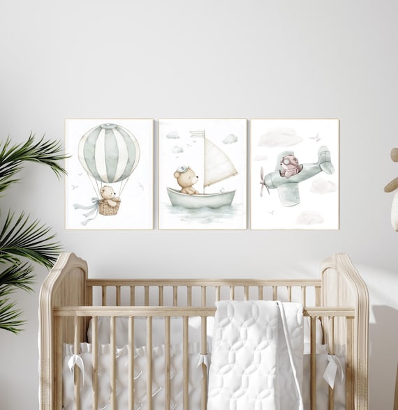 Bear nursery art, adventure nursery prints, sage nursery, hot air balloon bear, sailboat bear art, airplane bear print, baby boy wall decor