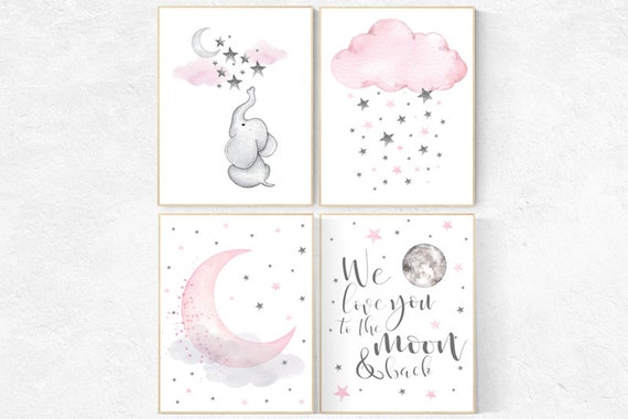 Nursery decor elephant, nursery decor girl elephant, we love you to the moon and back, pink and gray, elephant nursery wall art, baby room