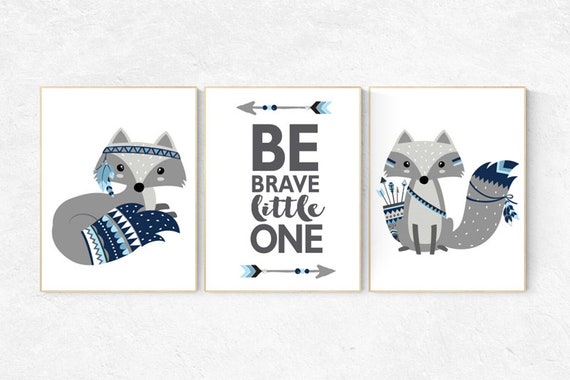 Nursery decor woodland, fox nursery art, be brave little one, tribal nursery, navy grey, woodland nursery wall art, Woodland Animal