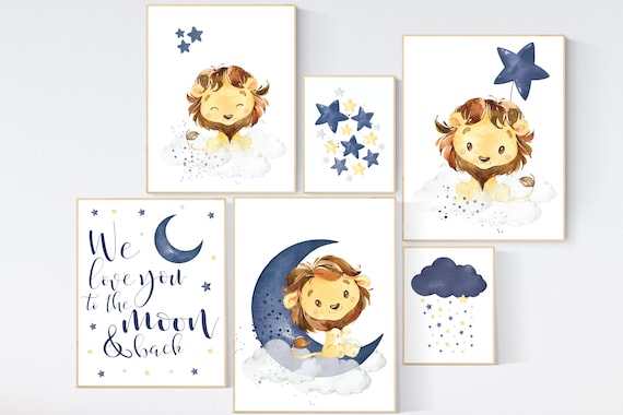 Nursery decor boy lion, boy nursery decor, moon and stars, navy nursery, boy nursery, we love you to the moon and back