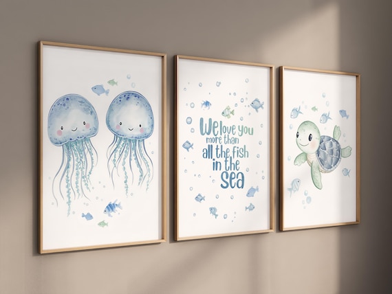 Under the Sea Nursery Wall Art – Jelly fish- Turtle Prints – Ocean Baby Room Decor – Sea Animal Watercolor Art for Kids