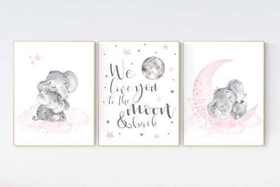 Girls room decor, Nursery decor girl pink and gray, nursery decor girl pink, Elephant nursery, we love you to the moon and back, moon stars