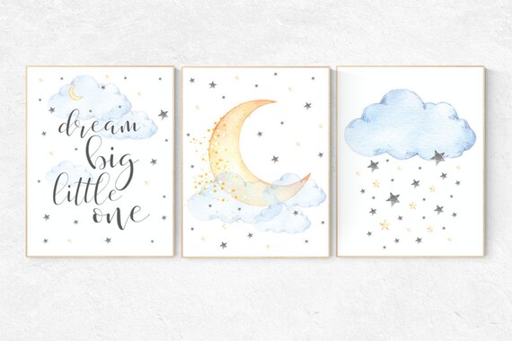 Nursery decor neutral, cloud and stars nursery decor, moon and stars nursery, gender neutral nursery, nursery wall art, twin nursery decor