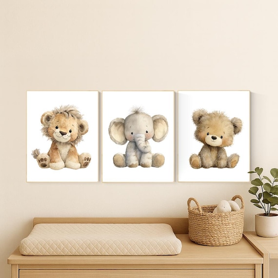 Safari Nursery Wall Art Set of 3 | Baby Lion, Elephant, Bear Prints | Neutral Plush Animal Artwork | Jungle Woodland Baby Room Decor