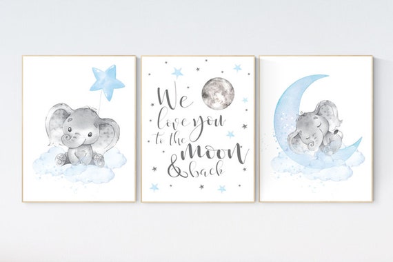 Nursery decor boy elephant, nursery wall art elephant, we love you to the moon and back, Elephant Nursery, boy nursery art, moon and stars