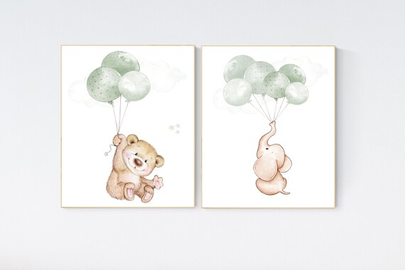 Nursery wall art animals, green nursery, gender neutral nursery, sage green, baby room decor, bear,  animal prints , elephant nursery