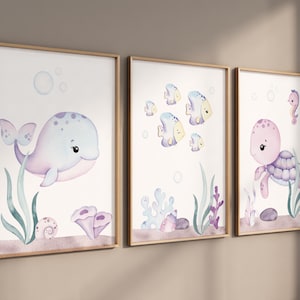 Printset oceaankwekerij: aquarel zeedieren muurkunst