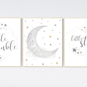 Nursery wall art grey, gray gold nursery, nursery decor neutral, baby room decor gender neutral, moon and stars, grey gold, twinkle twinkle