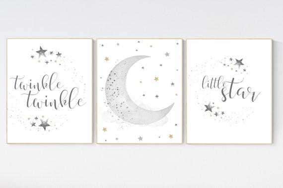 Nursery wall art grey, gray gold nursery, nursery decor neutral, baby room decor gender neutral, moon and stars, grey gold, twinkle twinkle