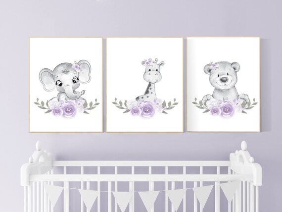 Floral jungle animals, elephant, bear, giraffe, lilac nursery, Nursery wall art girl, flower, girl nursery ideas, purple, nursery wall art