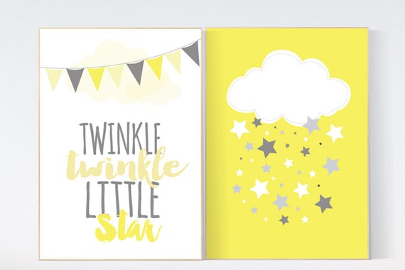 Nursery decor girl yellow, gender neutral baby, Twinkle Twinkle Little Star, cloud nursery, new baby gift, yellow gray nursery, baby room