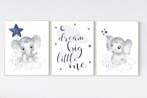 Nursery decor boy navy blue, navy nursery decor, dream big little one, moon and stars, navy blue nursery art. baby room art, elephant