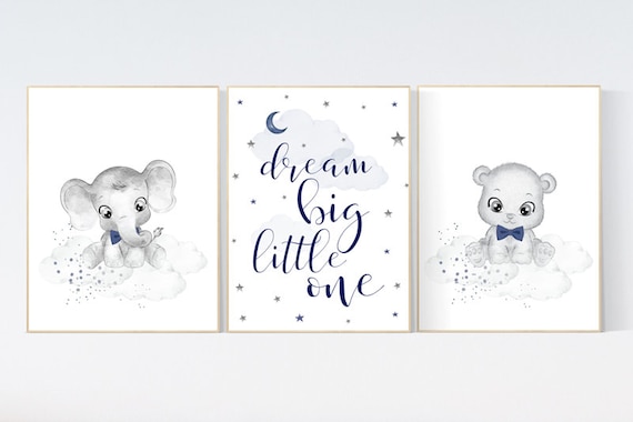 Nursery decor elephant, navy nursery decor, dream big little one, moon and stars, navy blue nursery art, baby bear nursery, elephant nursery