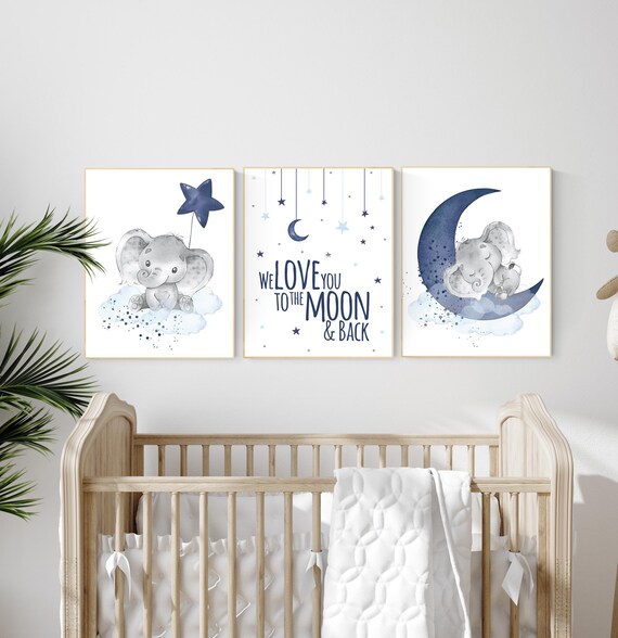 Nursery decor boy elephant, navy nursery decor, we love you to the moon and back, elephant nursery, navy blue nursery art, boys nursery