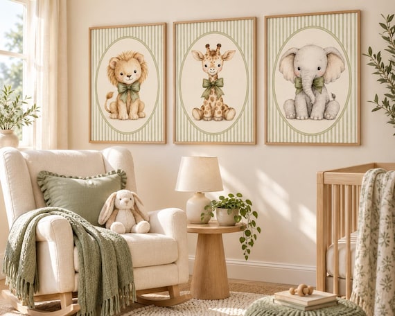 Sage Green Safari Nursery Wall Art Set of 3, Lion Giraffe Elephant Prints,