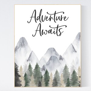Adventure Awaits, Woodland nursery decor, forest nursery decor, sage green wall art, mountain wall art nursery, adventure nursery prints