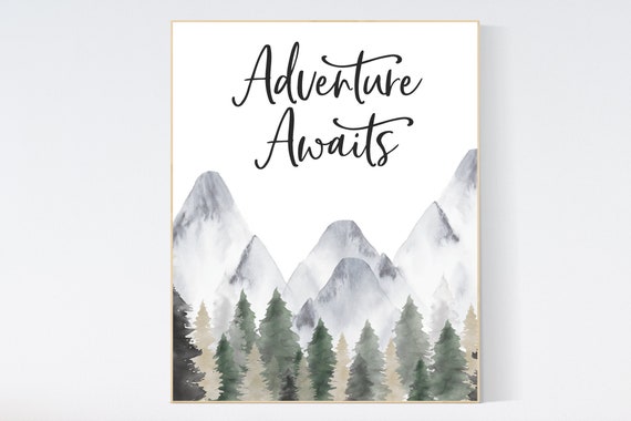 Adventure Awaits, Woodland nursery decor, forest nursery decor, sage green wall art, mountain wall art nursery, adventure nursery prints