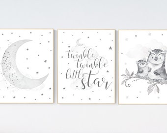 Nursery wall art grey, gray nursery, gender neutral nursery, owl nursery, moon, stars, grey nursery wall decor, baby room art prints