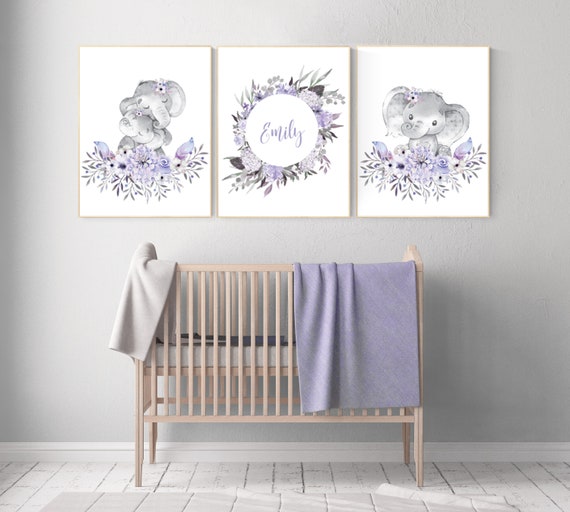 Purple nursery, Boho baby room, nursery wall art elephant, nursery decor girl, nursery decor girl floral, lilac nursery decor, lavender