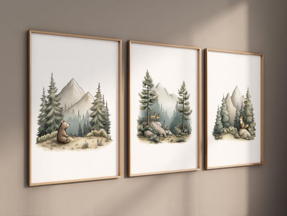 Mountain Forest Animal Nursery Wall Art – Woodland Bear, Deer & Fox Print Set – Nature Baby Room Decor for Boys or Gender Neutral