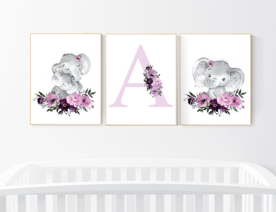 Purple nursery, Boho baby room, nursery wall art elephant, nursery decor girl, nursery decor girl floral, plum nursery decor, purple, Mauve